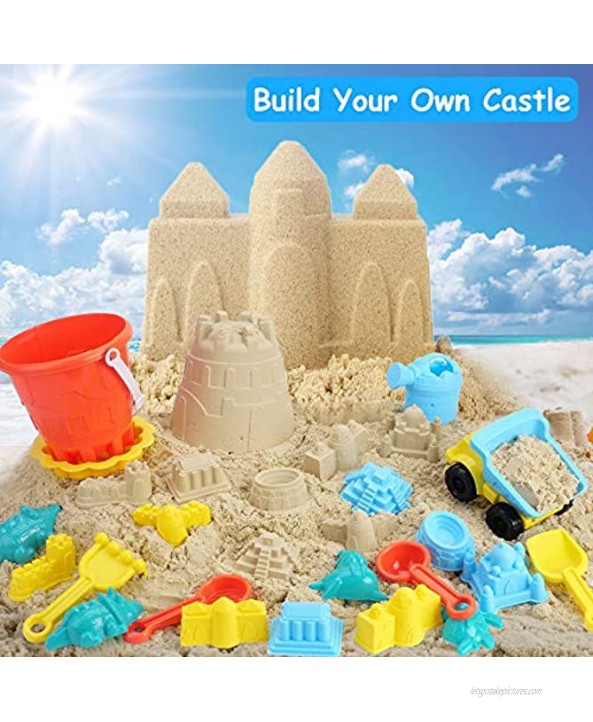 unanscre 20Pcs Beach Sand Toys Set for Kids Includes Toy Dump Truck Beach Bucket Sieve Watering Can Shovel Tool Kits Animal Castle Models&Molds in A Mesh Bag for Age3+ Toddlers Outdoor Yard Play