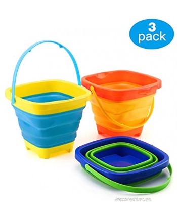 Zooawa Beach Bucket Sand Toy for Kids Foldable Sand Bucket Expandable Sand Pail Square for Beach Multi-Purpose [3 Pack] Collapsible Silicone Bucket 2 Liter 0.5 Gallon Colorful
