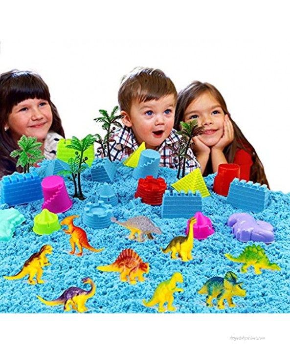 ZUZU BOOM Play Sand Toys and Sand Molds Kit Set Includes: 2 Pound Play Sand 42 Pieces Sand Molds Dinosaur Toys Inflatable Tray Storage Box Castle