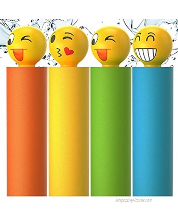 Water Blaster Soaker Gun 4 Pack Safe Foam Noodle Pump Action Outdoor Water Toy for Kids and Adults Pool Beach Yard and Park Play. Emoji Handles in 4 Bright Colors. Up to 30 ft. Blast