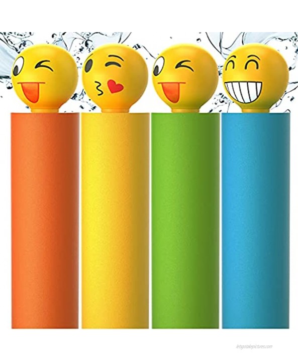 Water Blaster Soaker Gun 4 Pack Safe Foam Noodle Pump Action Outdoor Water Toy for Kids and Adults Pool Beach Yard and Park Play. Emoji Handles in 4 Bright Colors. Up to 30 ft. Blast