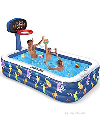 AOKIWO Inflatable Swimming Pool with Basketball Stands 118" X 72" X 20" Full-Sized Family Inflatable Lounge Pool Kiddie Pool for Kids Kiddie Adults Infant Garden Backyard