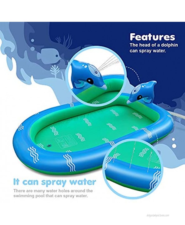 Dolphin Inflatable Kiddie Pools Lounge Pool for Baby Toddlers Kids Adults Outdoor Backyard Blow Up Pool .68 inch Splash Pad & Sprinkler for Kids 3-in-1 Upgraded Inflatable Sprinkler Kiddie Pool