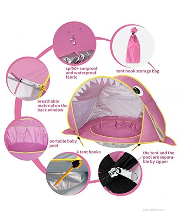 Free Swimming Baby Pop Up Baby Beach Tent with Pool,Portable Shark Sun Shelter Tent with UPF UV 50+ Protection for Toddler Aged 3-72 Months Pink