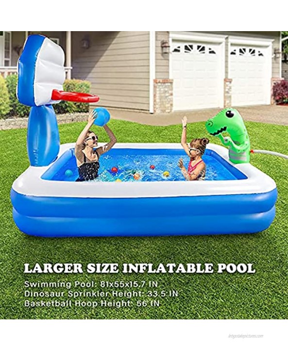 Growsly Inflatable Pool Swimming Pool for Kids Blow Up Kiddie Lounge Pool with Basketball Hoop and Dinosaur Sprinkler for Kids Adults Toddlers Age 3+ Outdoor Water Toys for Garden Backyard