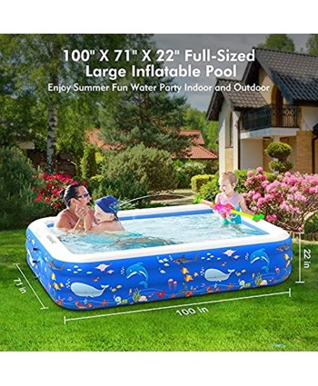 Inflatable Pool,Inflatable Swimming Pool 100" X 71" X 22" Full-Sized Family Blow up Pool for Kids Blue