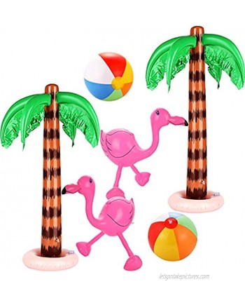 meekoo 6 Pieces Inflatable Palm Trees Jumbo Coconut Trees Pink Flamingos Colorful Beach Balls Rainbow Color Balls for Hawaii Beach Luau Party Backdrop Decoration