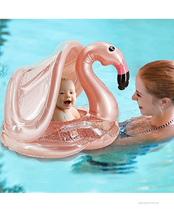 Flamingo Baby Swimming Ring with Canopy-Inflatable Baby Swimming Pool Float Sunshade for Infant Kids Boys Girls Toddlers Summer Outdoor Beach Water Bath Toys