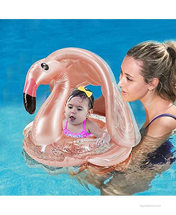 Flamingo Baby Swimming Ring with Canopy-Inflatable Baby Swimming Pool Float Sunshade for Infant Kids Boys Girls Toddlers Summer Outdoor Beach Water Bath Toys