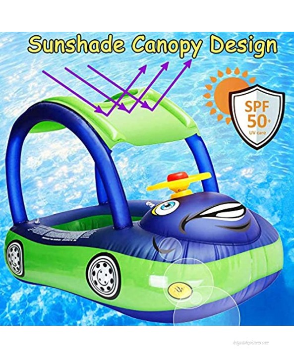 iGeeKid Baby Inflatable Pool Float with Canopy Car Shaped Babies Swim Float Boat with Sunshade Safty Seat for Toddler Infant Swim Ring Pool Spring Floaties Summer Beach Outdoor Play Blue