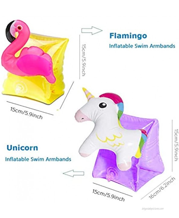 Inflatable Unicorn + Flamingo Arm Bands Swimming Aid Floating Sleeves Armband Swim Circle Boat Pool Toy for Kids Baby Toddlers Infants 2-8 Years 2 Pack