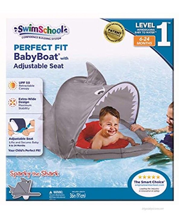 SwimSchool Sparky-The-Shark Fabric Baby Pool Float Splash & Play Activity Center Dual Air Pillow Chambers with Retractable Canopy and Safety Seat Baby Float UPF 50 6 To 24 Months Gray