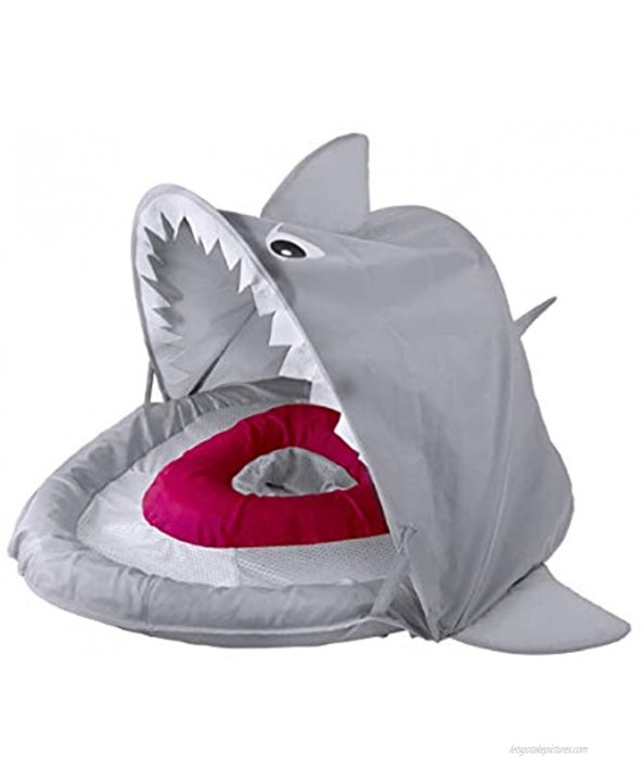 SwimSchool Sparky-The-Shark Fabric Baby Pool Float Splash & Play Activity Center Dual Air Pillow Chambers with Retractable Canopy and Safety Seat Baby Float UPF 50 6 To 24 Months Gray