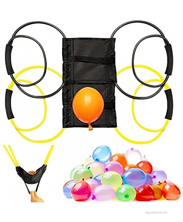 2 Pieces Water Balloon Launcher 500 Yard with 500 Balloons 2-3 Person Balloon Giant Sling T-shirt Launcher Party Game Courtyard Toy for Water Sports Swimming Pool Outdoor Summer Black Yellow