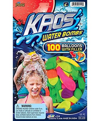 KAOS Water Balloons Pack 100 pcs 1 Set Assorted Neon Colors. With Hose Easy Filler Tip Included. Family Outdoor Toy Water Bombs. Pool Games for Kids and Adults. Party Favor. 114-1