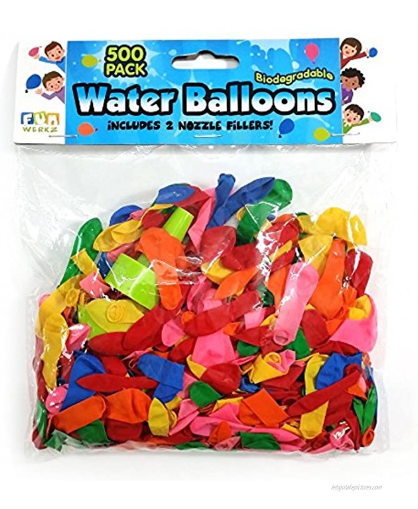 Water Balloons Kit 500 pcs Multi Vibrant Color. Biodegrable. FREE Nozzle Filler & Tying Tool. Fun and Safe!