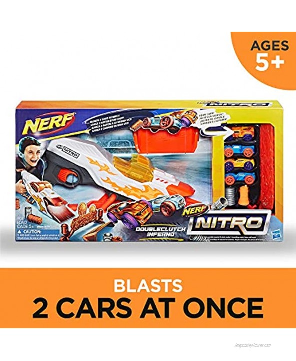 NERF Doubleclutch Inferno Nitro Toy Includes Blaster 4 Foam Body Cars Double Reactive Target Double Ramp & 8 Obstacles for Kids 5 Years Old & Up
