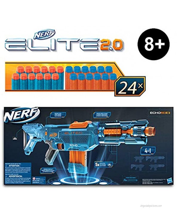 NERF Elite 2.0 Echo CS-10 Blaster -- 24 Official Darts 10-Dart Clip Removable Stock and Barrel Extension 5 Tactical Rails