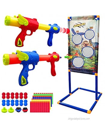 Fullengy Shooting Game Toy for Age 6 7 8 9 10+ Years Old Kids 2pk Power Popper Guns with 24 Foam Balls & 40 Foam Bullets & Dinosaur Shooting Target Indoor Outdoor Activity Shooter Toy Guns