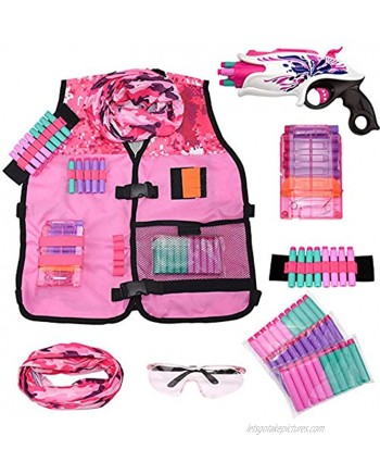 Girls Pink Tactical Vest Set with Gun for Nerf Rebelle and N-Strike Elite Series with 30 Refill Darts Quick Reload Clip Wrist Ammo Holder Safety Glasses and Tube Mask