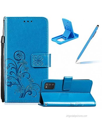 Blue Leather Case for Samsung Galaxy A02S,Strap Wallet Flip Cover for Samsung Galaxy A02S,Herzzer Classic Pretty Four Leaf Clover Print Magnetic Card Slots Stand Folio Case with Soft TPU