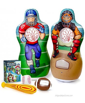 Super Pumped! Inflatable Double-Sided Baseball & Football Target Set | Blow Up Toy with Soft Football Baseball & Inflatable Bat | Fun Toss Games for Indoor Outdoor Backyard & Party Favor | 5 Feet