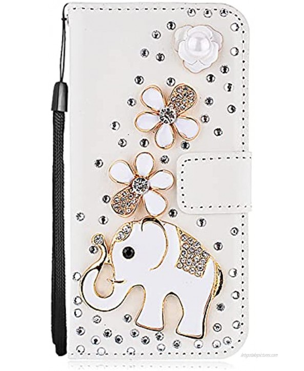White Leather Diamond Strap Case for Samsung Galaxy A42 5G,Herzzer Stylish 3D Handmade Bling Glitter Soft Silicone Stand Wallet Flip Case,Elephant Flower