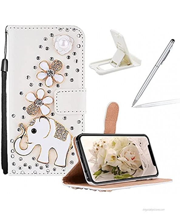 White Leather Diamond Strap Case for Samsung Galaxy A42 5G,Herzzer Stylish 3D Handmade Bling Glitter Soft Silicone Stand Wallet Flip Case,Elephant Flower