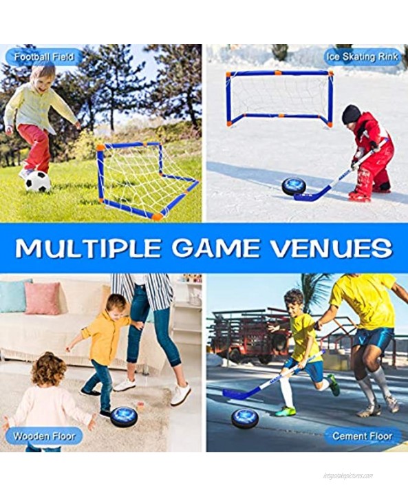 XIZECK Hover Hockey Set 2 in1 USB Rechargeable of LED Lights Air Suspension Hockey Soccer Indoor Outdoor Sport Games Toys Air Power Training Ball Hockey Game Suitable for 3-12 Years Old Boys Girls