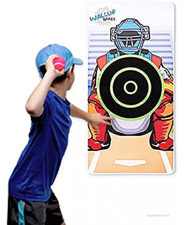 Wallup Games Kids Baseball Indoor Target Pitching Games Removable Vinyl Wall Mat with 3 Indoor Baseballs Hook and Loop Target