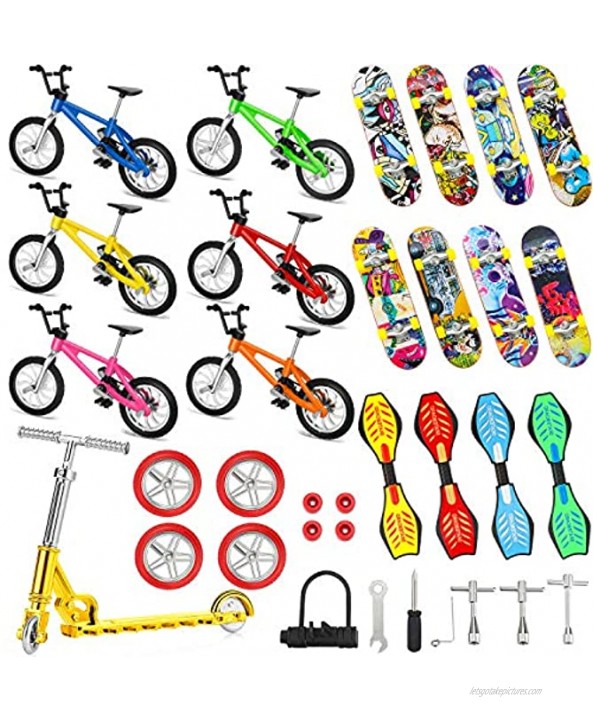 34 Pieces Mini Finger Toys Set Finger Skateboards Finger Bikes Scooter Tiny Swing Board Fingertip Movement Party Favors Replacement Wheels and Tools for Finger Training Assorted Color