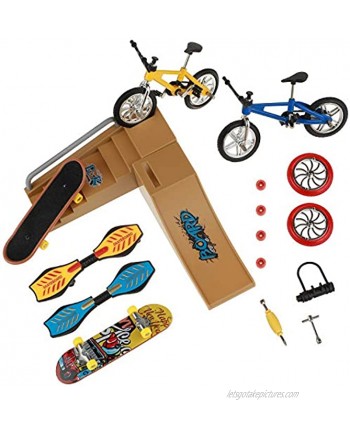 ideallife Skate Park Kit Mini Finger Toys Set Finger Skateboards Finger Bikes Tiny Swing Board with Replacement Wheels and Tools 17 Pcs