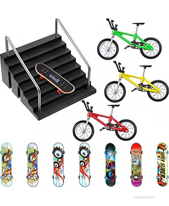Sumind 12 Pieces Fingerboard Rail Park Set Include 1 Piece Fingerboard Skate Park 8 Pieces Finger Skateboards and 3 Pieces Finger Bikes for Mini Skateboards Game Training