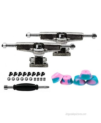 Teak Tuning Fingerboard Spacer Trucks Chrome Silver Includes Set of 5 Pink & Teal Swirl Bubble Bushings 32mm Width Tuned & Assembled