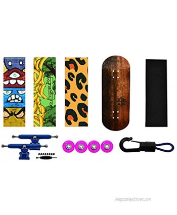 Teak Tuning Fingerboard Starter Set No. 7 Includes 34mm Two-Tone Fingerboard Deck 3 Deck Graphic Wraps 1 Piece of Trick Tape Set of 34mm Blue Trucks Pink-Colored Wheels and a Carrier