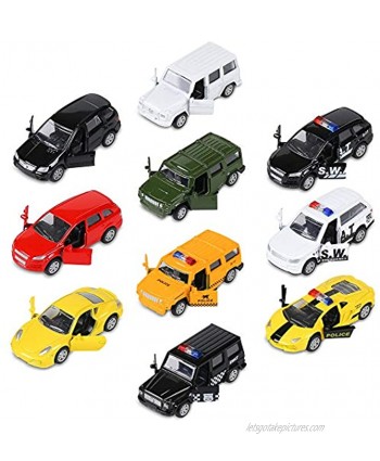 Die-cast Metal Toy Cars Set of 10 Openable Doors Pull Back Car Gift Pack for Kids Private Car & Police car