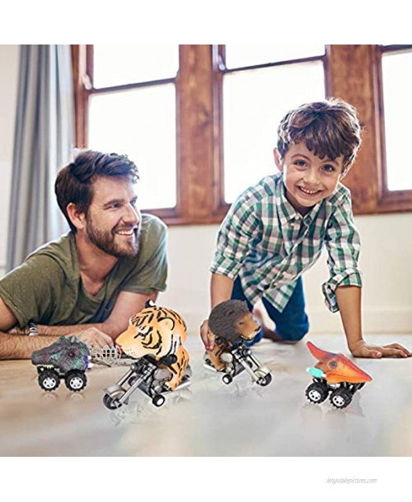 G.C 4 Pack Animal Car Toys for Kids 3 4 5 6 7 Motorcycle Tiger Lion Vehicles with Pull Back Dinosaur Cars Toys Birthday Party Gift for Boys Girls