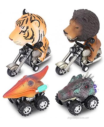 G.C 4 Pack Animal Car Toys for Kids 3 4 5 6 7 Motorcycle Tiger Lion Vehicles with Pull Back Dinosaur Cars Toys Birthday Party Gift for Boys Girls