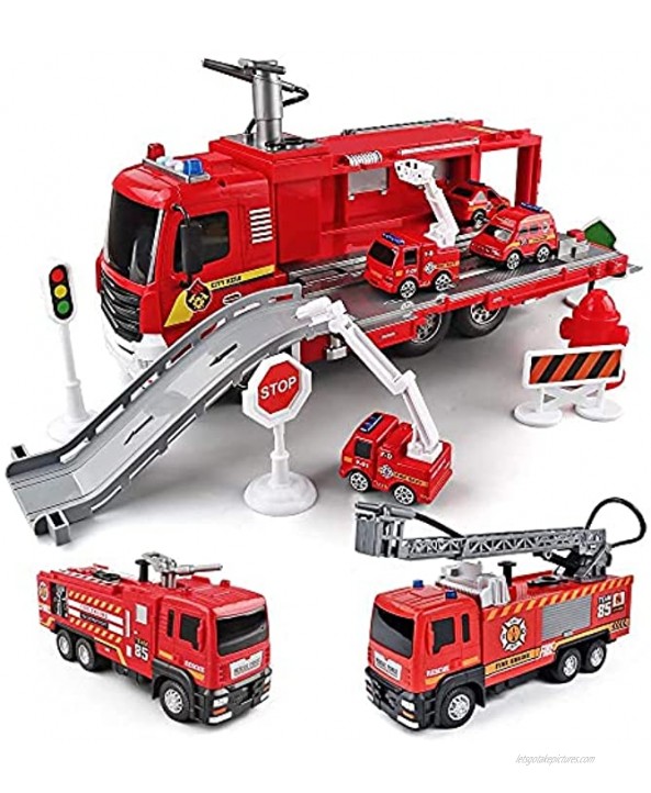 KIVCMDS 7 in 1 Multifunctional Fire Truck Toy Set with Sound and Light Water Spray Freewheeling Pull Back Play Vehicles Children's Toy car Gifts for Boys and Girls