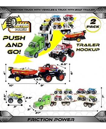 Mozlly Bundle of Friction Powered Hauler ATVs or Monster Trucks Car Carrier Playset & Monster Truck with Speed Boat Trailer Transport Toys Push & Go Toy Cars for Girls & Boys Styles May Vary