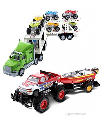 Mozlly Bundle of Friction Powered Hauler ATVs or Monster Trucks Car Carrier Playset & Monster Truck with Speed Boat Trailer Transport Toys Push & Go Toy Cars for Girls & Boys Styles May Vary