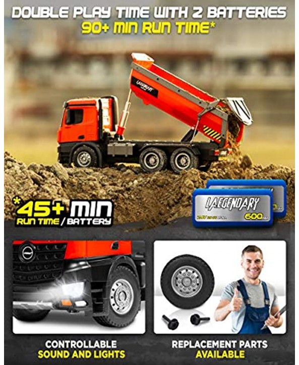 1:14 Scale Large Remote Control Dump Truck for Boys and Adults – Compatible with Excavators RC Construction Vehicles 10 Channel Full Functional Metal and Plastic Parts – 2 Batteries 2 Chargers