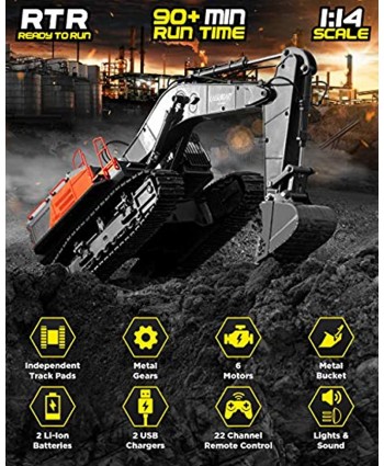 1:14 Scale Large Remote Control Excavator Toy for Boys and Adults – Compatible with Dump Truck RC Construction Vehicles 22 Channel Full Functional Metal Shovel RC Truck 2 Batteries & 2 Chargers