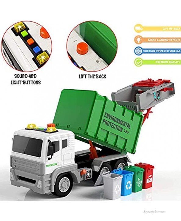 12.5 Friction Powered Garbage Truck with 4 Rear Loader Trash Sorting Cans | Lights and Sounds Buttons City Recycling Waste Management Vehicle Kids Toy Sanitation Truck