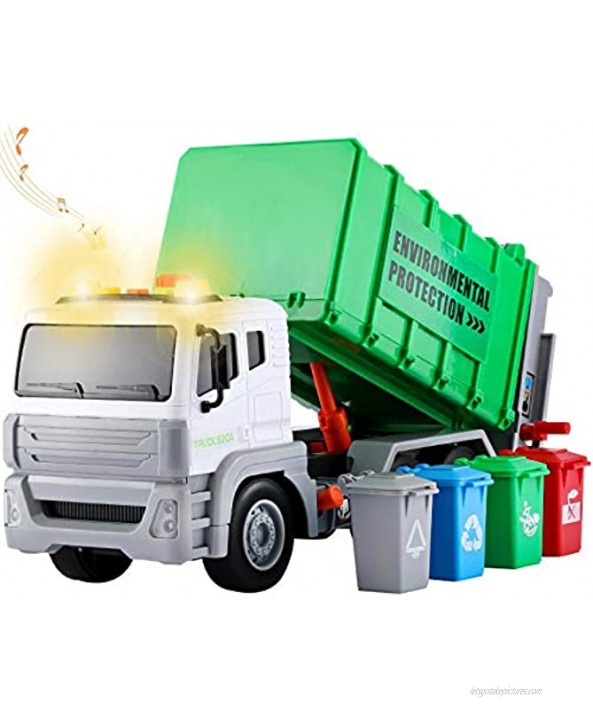 12.5 Friction Powered Garbage Truck with 4 Rear Loader Trash Sorting Cans | Lights and Sounds Buttons City Recycling Waste Management Vehicle Kids Toy Sanitation Truck