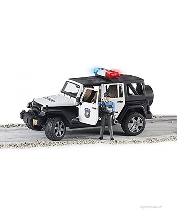 Bruder Toys Emergency Realistic Jeep Wrangler Unlimited Rubicon Police Vehicle with Light Skintoned Policeman and Light and Sound Module with 4 Different Sounds Ages 4+