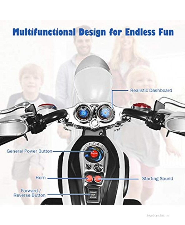 Costzon Kids Ride on Chopper Motorcycle 6 V Battery Powered Motorcycle Trike w Horn Headlight Forward Reverse Switch ASTM Certification 3 Wheel Ride on Toys for Boys Girls Gift White