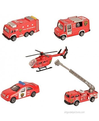 Fire Emergency Race and Rescue Vehicles Mini Die-cast Metal Miniature Model Aerial Ladder Firetruck Rescue Helicopter Water Tank Fire Engine,Patrol Car,Commander Center  Pack of 5