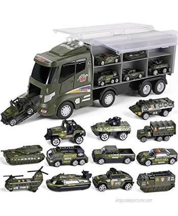FUN LITTLE TOYS 12 in 1 Die-cast Military Vehicle Military Toys for Kids Army Toy Cars in Carrier Truck Party Supplies