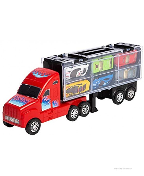 JOYIN Transport Car Carrier Toy Truck Includes 12 Die-cast Toy Cars 10 Accessories; Truck Carrier Fits 12 Toy Car Slots Great Car Toys for Kids